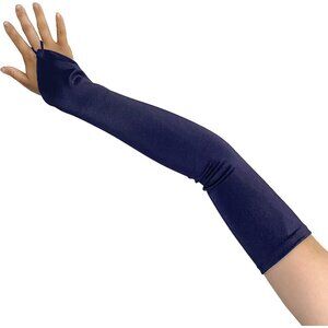 Women's Navy Blue Finger Loop Fingerless Long Satin Gloves Wedding Party Prom